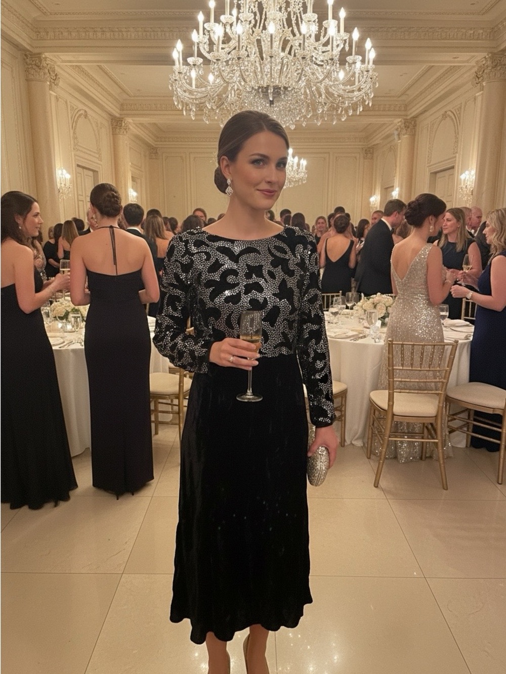 Black Velvet and Silver Sequin Long-Sleeve Evening Dress.